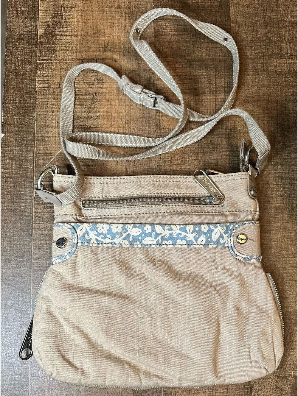 Thirty-One Beige Crossbody Bag with Blue Floral Interior